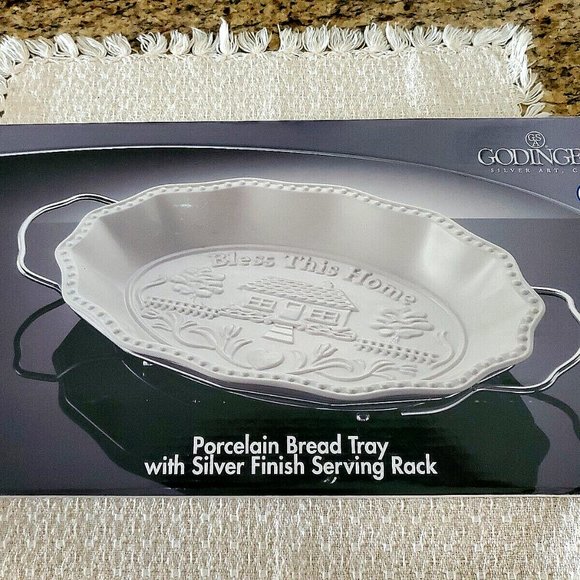 Godinger White Porcelain Bread Tray With Silver Finish Serving Rack - NEW in BOX - Picture 1 of 5